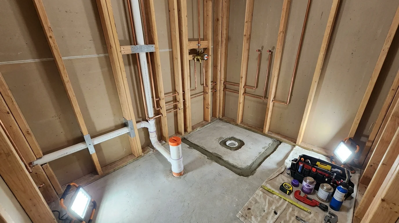 Bathroom rough-in plumbing during remodel by Johns Plumbing LLC in Sun Valley
